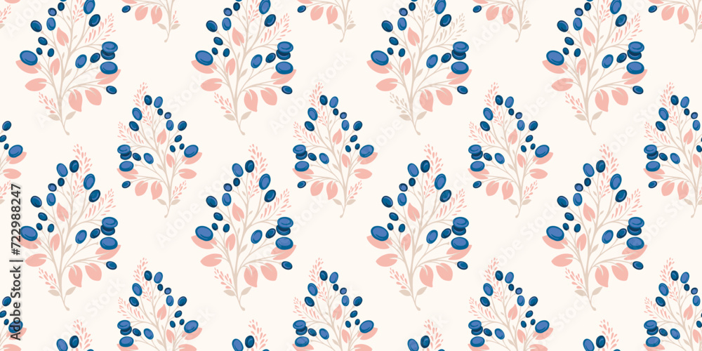 Seamless pattern with decorative creative branches leaves with berries, dots, drops. Vector hand drawn. Abstract tapestry floral on a white background. Template for textile, fashion, printing, fabric Seamless pattern with decorative creative branches leaves with berries, dots, drops. Vector hand drawn. Abstract tapestry floral on a white background. Template for textile, fashion, printing, fabric