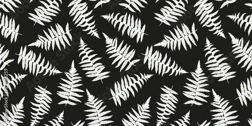 Seamless pattern with abstract shape leaves stems fern. Simple stylized plant leaf ornaments on a dark background. Vector hand drawn sketch. Template for design, fashion, textile, fabric, printing