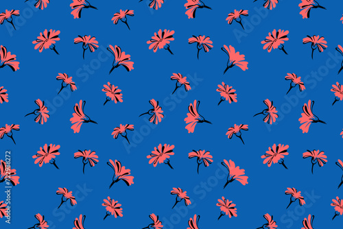 Trendy vibrant minimalistic summer seamless pattern. Simple tiny stylized floral on a blue background. Vector hand drawn trendy abstract shape flowers buds. Design ornament for paper, cover, fabric © incarnadine