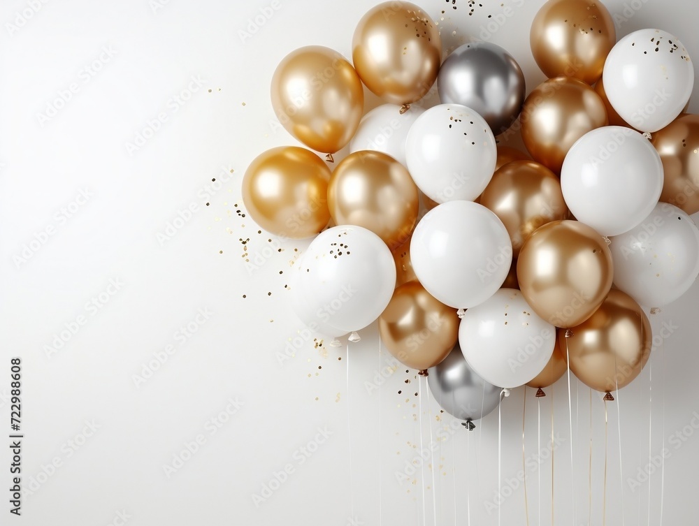 Golden balloons on a white background with blank text space Golden balloons on a white background with blank text space