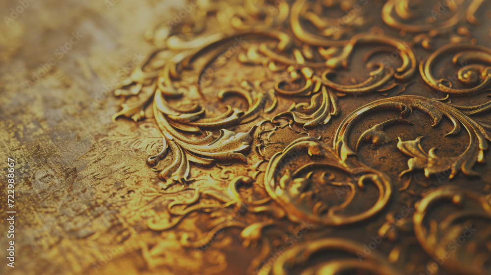 Abstract macro old golden pattern rounded on wooden background.
