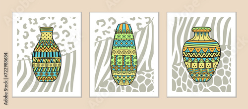 Ceramic vases, clay pots with various geometric ornaments on a grey and white background of mottled animal texture. Bright African inspired jugs. Vector set of ethnic illustrations for wall decoration