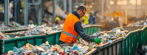 Focused worker in a reflective vest sorting recyclable materials on a conveyor belt in a waste management facility.
 photo
