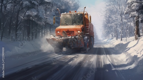 Snow plow truck in action, on winter snowy road. 