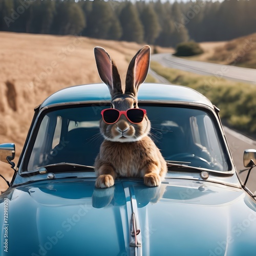 easter rabbit with sunglasses and painted eggs looking out from a car