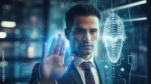 businessman in black suit standing in front of a transparent screen using fingerprint or biometric verification  cyber security concept  modern technology business