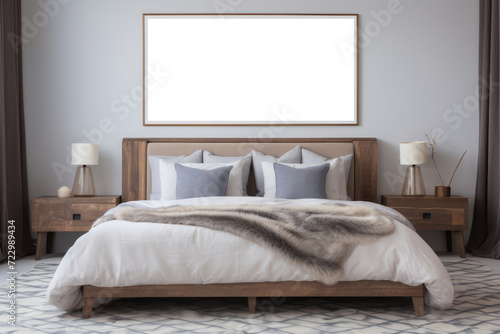 Mockup of an empty frame on the wall above the bed in modern bedroom design with luxury linens and wooden nightstands.