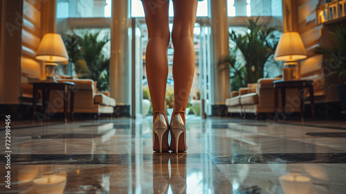 woman standing at the hotel lobby ground level shot angle photo