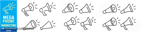 Megaphone Marketing Loudspeaker Volume Sound Advertising Announcement editable stroke linear icon collection vector illustration