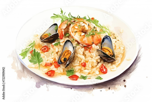 Delicious Mediterranean Seafood Risotto with Fresh Shrimp and Mussels, Prepared in a Traditional Italian Restaurant: A Gourmet Plate of White Arborio Rice Cooked in a Tasty Homemade Sauce, Garnished