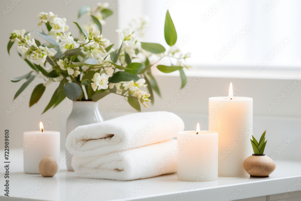 Relaxing spa care with a white towel, candle, and nature's beauty: Aromatherapy Bath Relaxing spa care with a white towel, candle, and nature's beauty: Aromatherapy Bath
