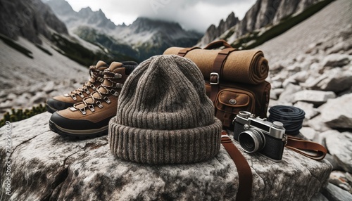 a rugged, outdoor beanie displayed on a rocky surface in a mountainous setting, with hiking gear around it
