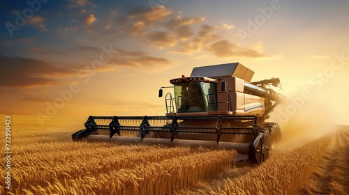 Combine Harvest In Golden Wheat Field With Sunrise background photo