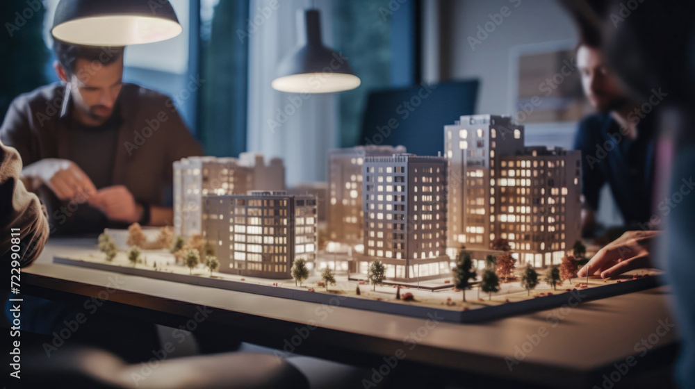 Model of an illuminated city on the table of an architects office. Created with AI.