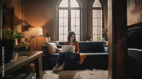 Caucasian woman in a nice house sitting on the couch with her laptop. Created with AI.