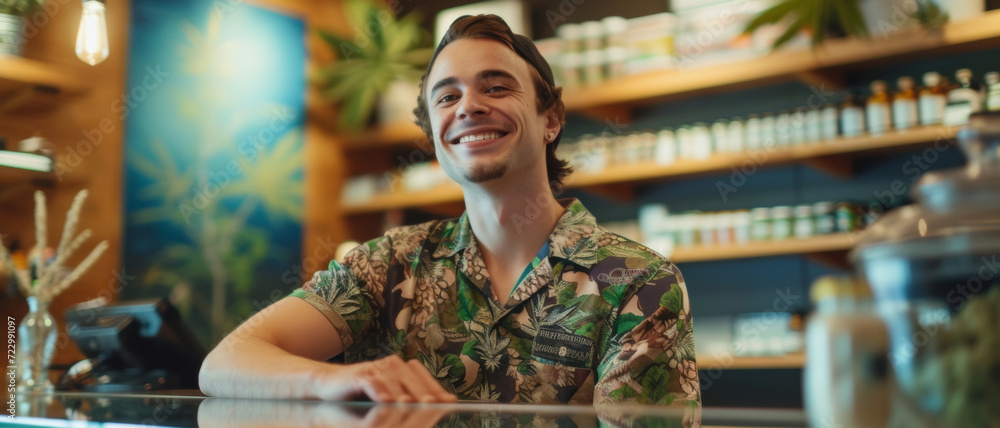 Barista with a beaming smile in a tropical shirt, exuding warmth and welcome