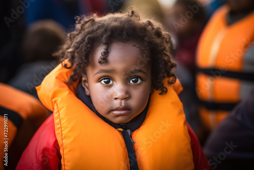 Young sad refugee child with orange life jacket on migrant boat photo