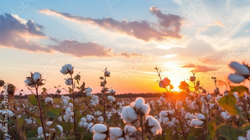 cotton fields ready to be harvested .Golden sunset background photo
