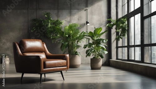 Brown luxury leather armchair in a large empty industrial style space with large window and shadow 