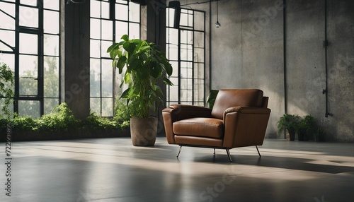 Brown luxury leather armchair in a large empty industrial style space with large window and shadow 