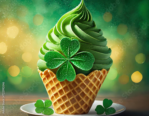 concept, st patricks day, ice cream, waffle, clover, irish, background, close up, minimal photo