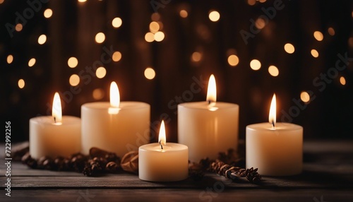 Burning candles on dark wooden background, peaceful scene, copy space for text 