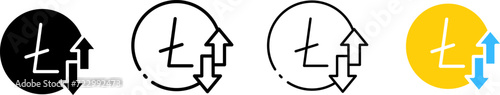 Litecoin coin icons and up and down arrows. Outline, set of Ltc coins and up and down arrows, Litecoin in and arrows, trade design. Vector icons