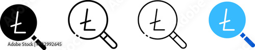Litecoin coin icons and magnifying glass. Outline, set of Ltc coins and magnifying glass, Litecoin search, trade design. Vector icons