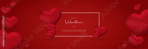 Horizontal banner with red 3d hearts. Place for text. Happy Valentine's day header or voucher template with hearts. photo