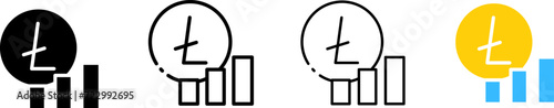 Litecoin coin icons and chart. Outline, Ltc coin set and chart up, Litecoin chart icons, trading design. Vector icons