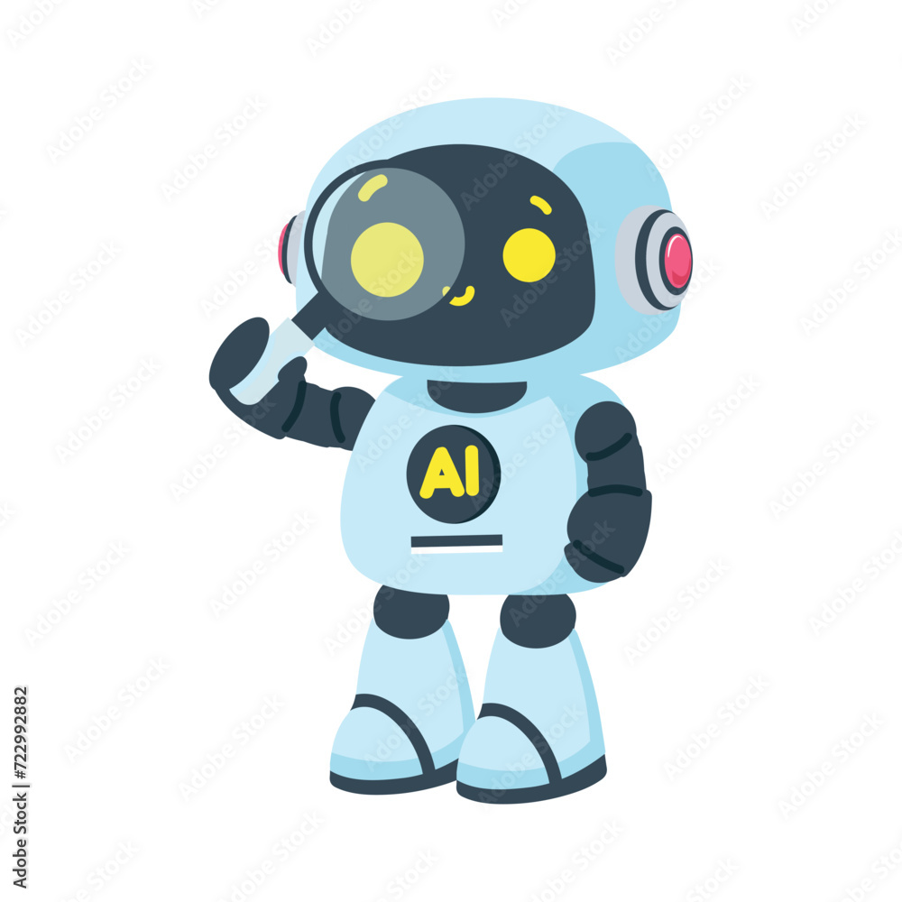 Cute robot character with magnifying glass