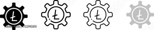Ltc coins and gear icons. Outline, set of Ltc coins inside a gear, Litecoin icon settings, trade design. Vector icons