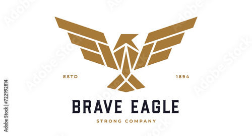 Bird Label, Sign, Logo Eagle, Raven, Phoenix brand. Logo gold bird, template company sign, wild fly heraldic icon. Graphic template emblem symbol, silhouette bird logotype. Vector Illustration photo