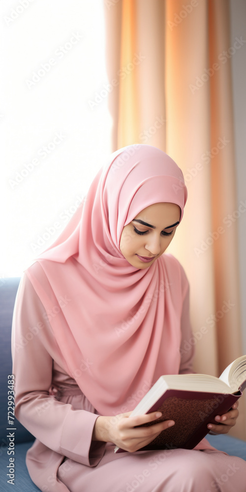 Obraz premium A woman in pink dress reading a book in a relaxed setting, Fictional character created by Generative AI.