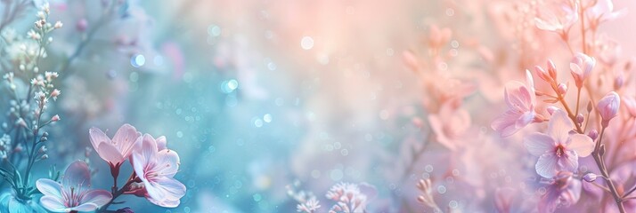Mother's Day abstract pink color background decorated with pink flowers. Banner with copy space