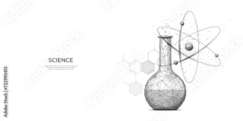 Chemistry science concept isolated on white background. Chemical glass tube with atom symbol and science formula on background. Medicine laboratory. Polygonal vector illustration. Low poly sketch.