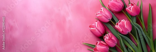 Mother's Day abstract pink color background decorated with tulips pink flowers. Banner with copy space #722993485