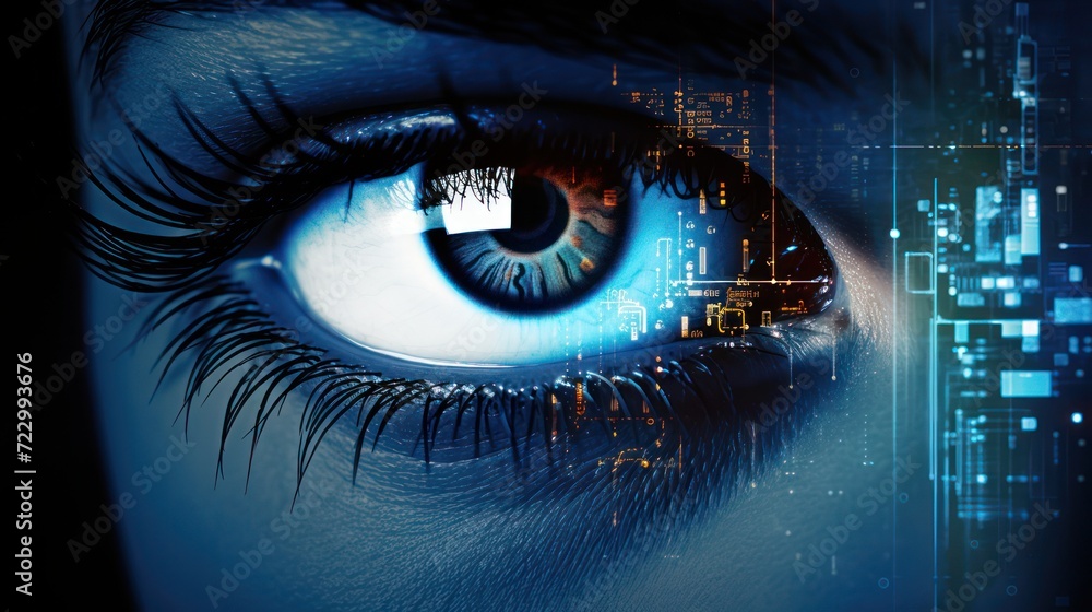 Illustration of an eye with visual vision screen technology hologram effect. Humanoid artificial intelligence modern information technology illustration background wallpaper.
Illustration of an eye with visual vision screen technology hologram effect. Humanoid artificial intelligence modern information technology illustration background wallpaper.