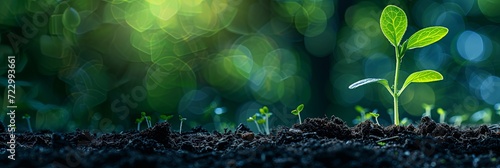 Spring banner background with plant seedling, sunlight on background, seedling on black with copy space