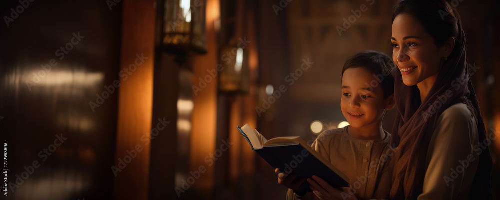 A Mother and Son Reading a Book Together, Fictional character created by Generative AI. A Mother and Son Reading a Book Together, Fictional character created by Generative AI.
