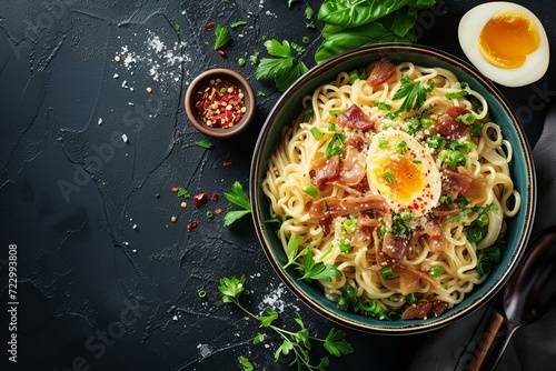 trendy carbonara ramen pasta on dark background with copy space for text