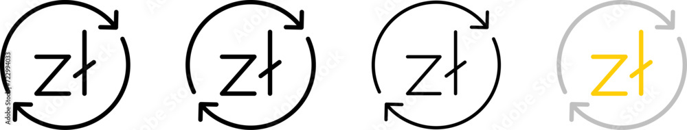 Zloty coin icons with arrows. Outline, set of Zloty coins and arrows in a circle, Zl in a circle, trading design. Vector icons Zloty coin icons with arrows. Outline, set of Zloty coins and arrows in a circle, Zl in a circle, trading design. Vector icons