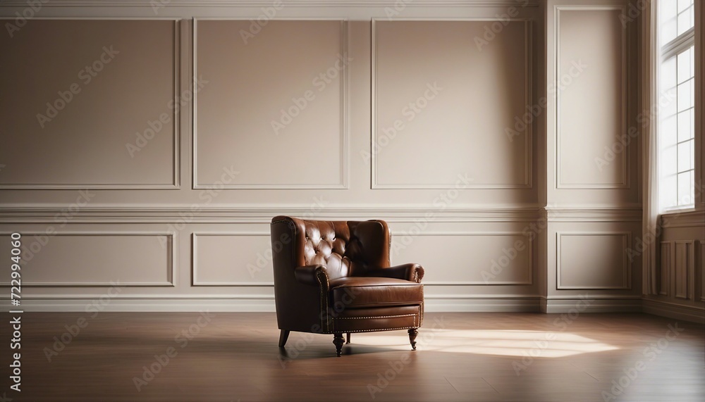 Fototapeta premium Luxury vintage brown leather Armchair against beige blank Wall Interior space in a large empty room 
