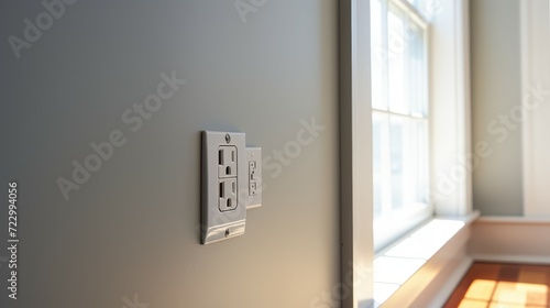 Wall switch Power Electrical socket, power plug electric on interior wall.	 photo