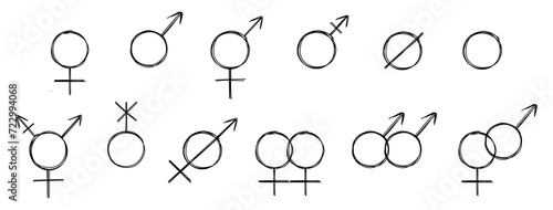 Doodle icons of gender symbols and combinations. Sexual orientation icons. Gender set symbols of man, woman, gay, lesbian, bisexual, transgender etc. Vector flat design isolated on white background.
