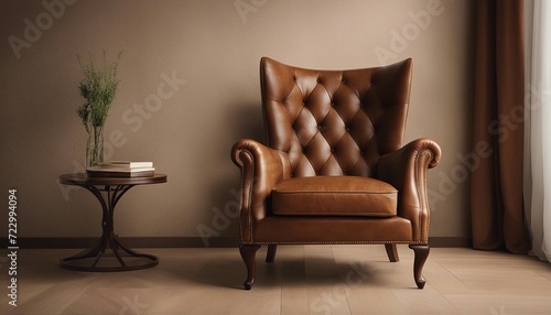 Luxury vintage brown leather Armchair against beige blank Wall Interior space in a large empty room 