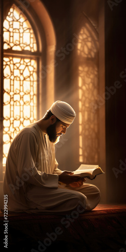 A Muslim man reads the Quran in a Mosque, Fictional character created by Generative AI. photo