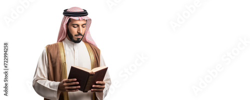 A Man in Arabic Dress Reading a Book, Fictional character created by Generative AI. photo