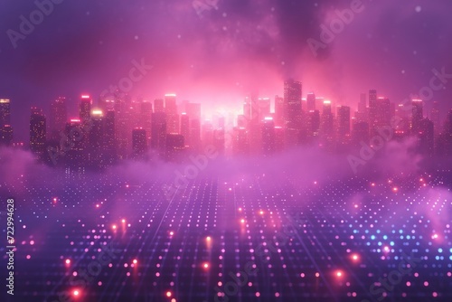 Futuristic cityscape with neon-lit skyscrapers, embodying a digital, abstract, and dynamic vision of technological advancement.