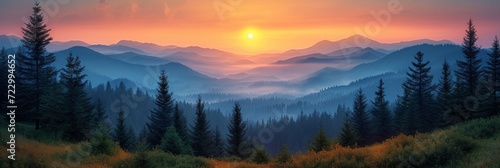 Majestic mountain landscape with a stunning sunrise, offering a peaceful and wonderful natural wonderland.